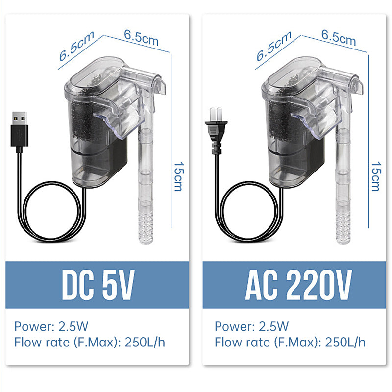 USB-Powered Mini Hanging Aquarium Filter 2.5W 250L/H