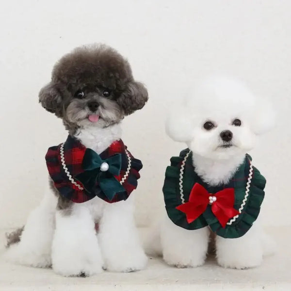 Plaid Ruffled Bow Pearl Pet Dog Cat Scarf