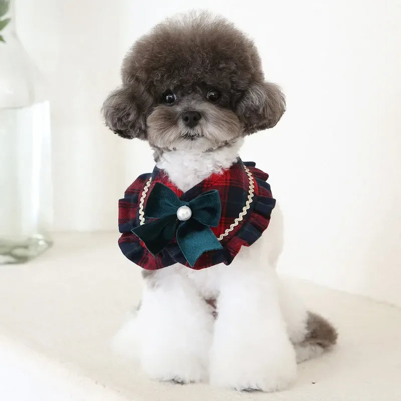 Plaid Ruffled Bow Pearl Pet Dog Cat Scarf